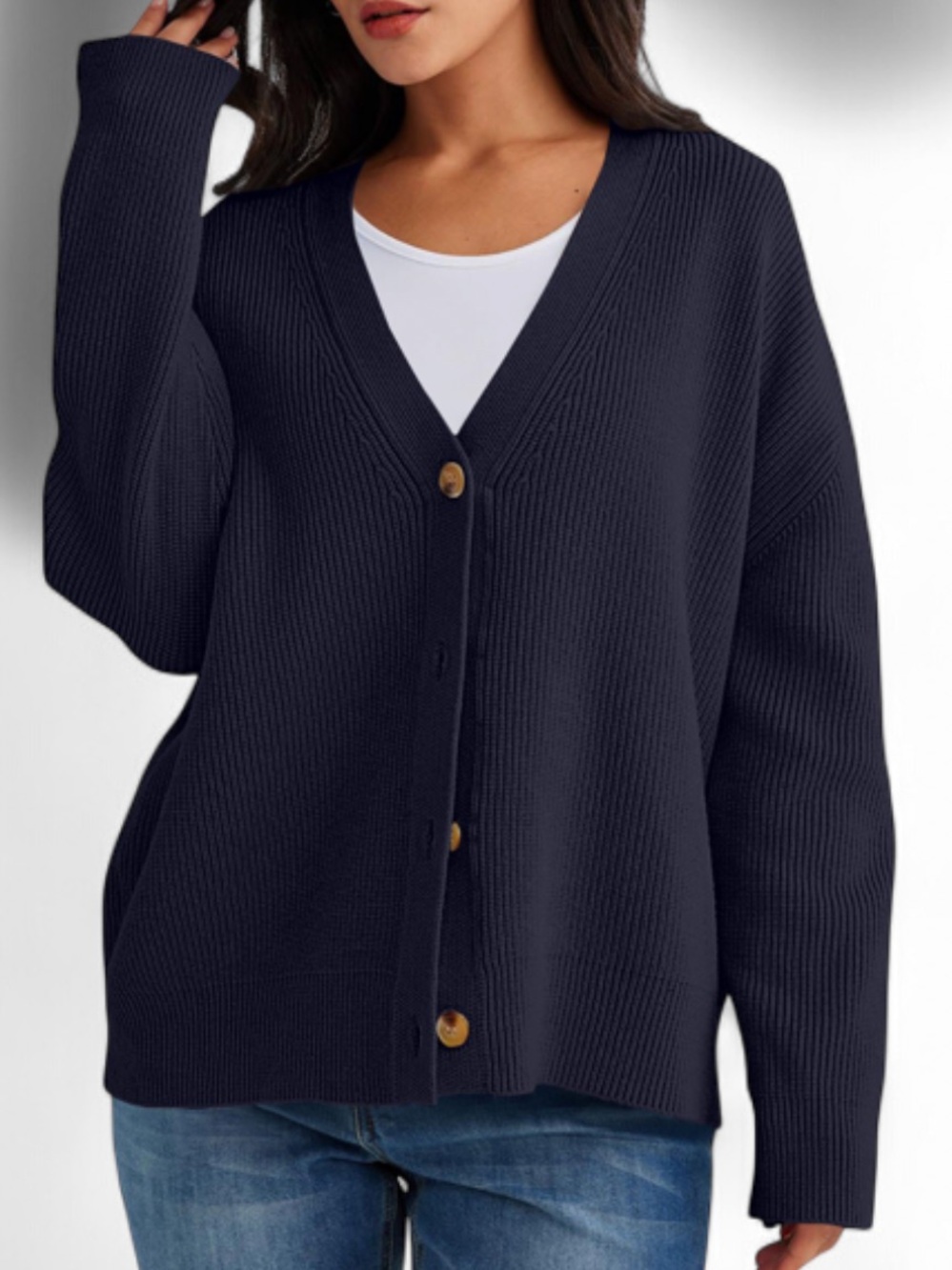 Women's Navy V-Neck Button Cardigan Sweater